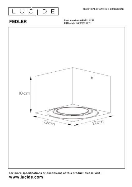 Lucide FEDLER - Spot plafond - LED Dim to warm - GU10 (ES111) - 1x12W 2200K/3000K - Noir - technique